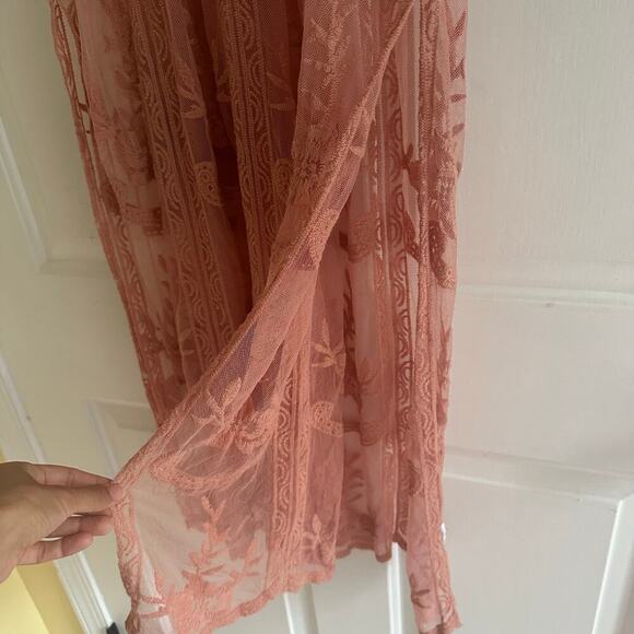 Vintage Woven Heart Lace Sheer Embroidered Boho Dress Pink Midi Sz Medium Floral - Picture 4 of 5